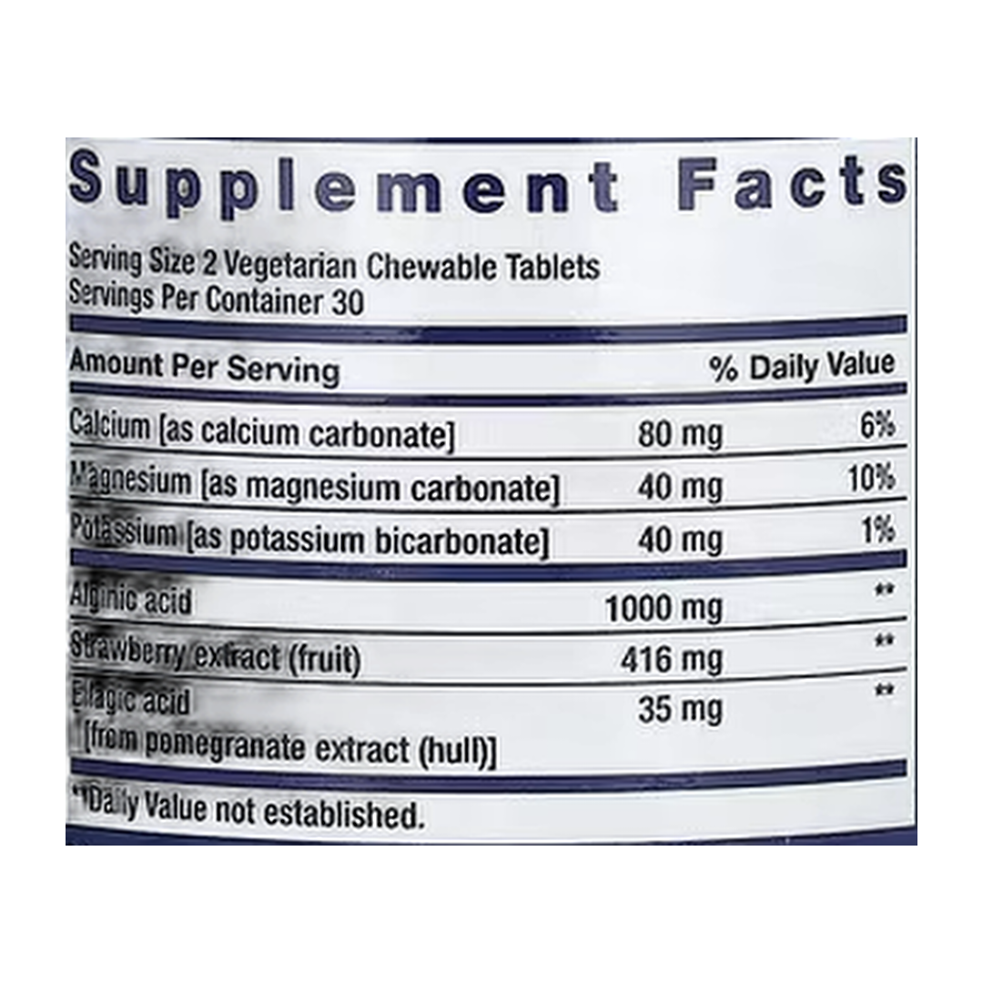 Life Extension, Esophageal Guardian, Berry, 60 Vegetarian Chewable Tablets supplement facts label showing ingredients, vitamins, minerals, and serving information