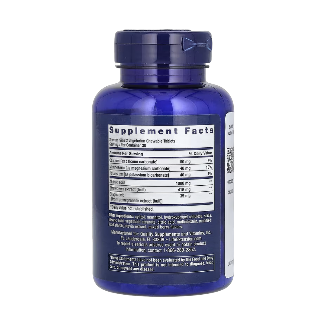 Life Extension, Esophageal Guardian, Berry, 60 Vegetarian Chewable Tablets back packaging view