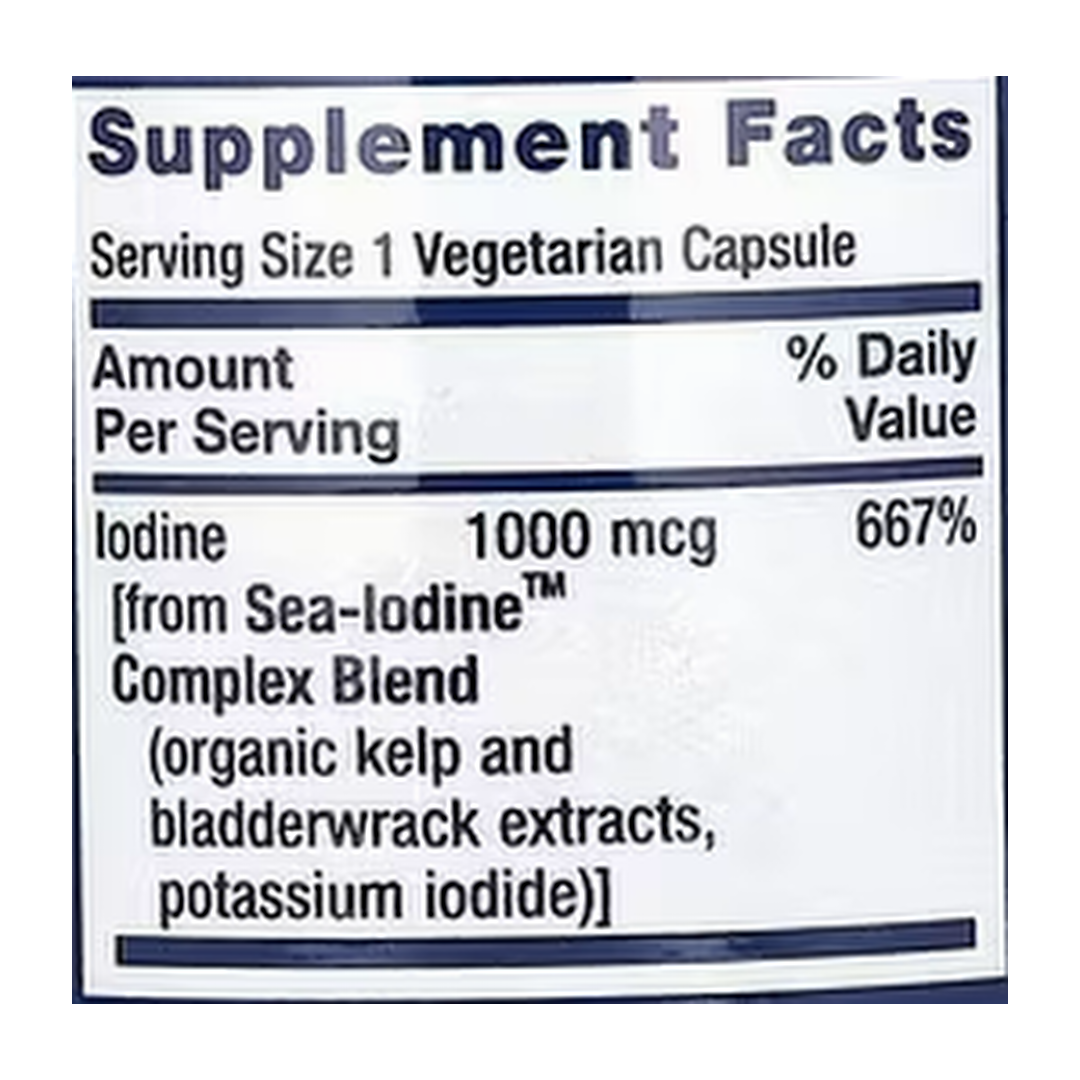 Life Extension, Sea-Iodine, 1,000 mcg, 60 Vegetarian Capsules supplement facts label showing ingredients, vitamins, minerals, and serving information