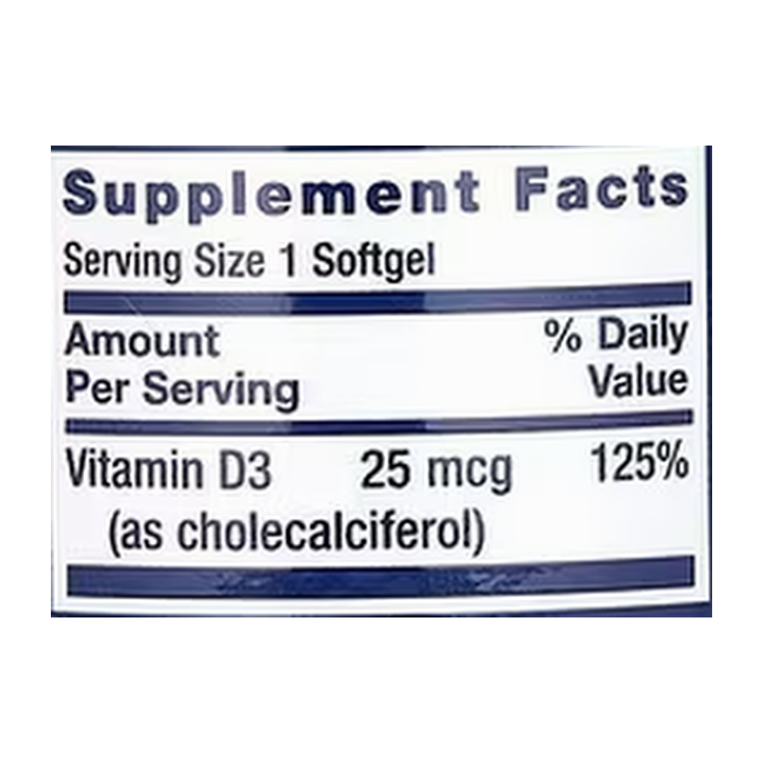 Life Extension, Vitamin D3, 25 mcg (1,000 IU), 250 Softgels supplement facts label showing ingredients, vitamins, minerals, and serving information