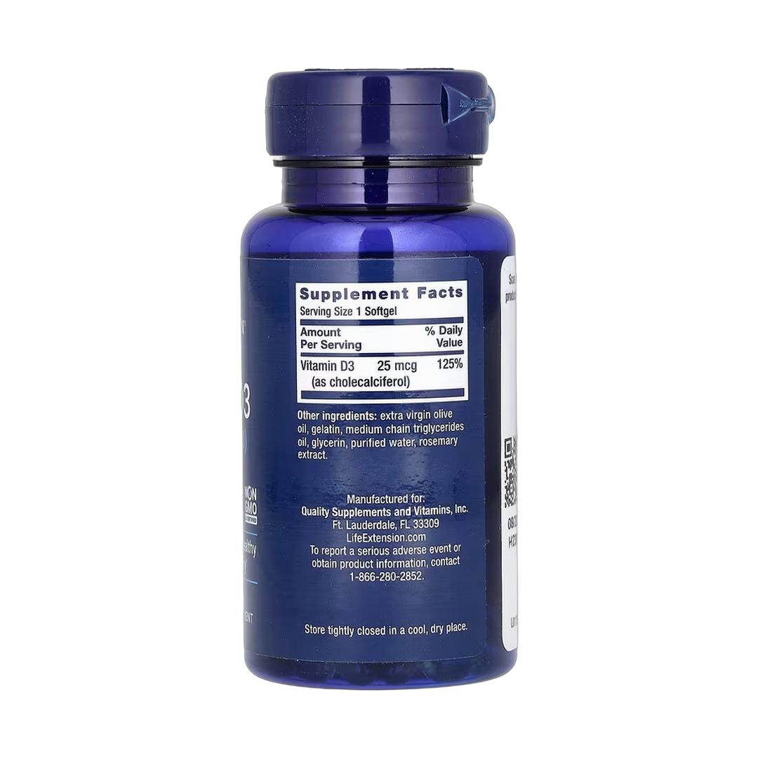 Life Extension, Vitamin D3, 25 mcg (1,000 IU), 250 Softgels back packaging view