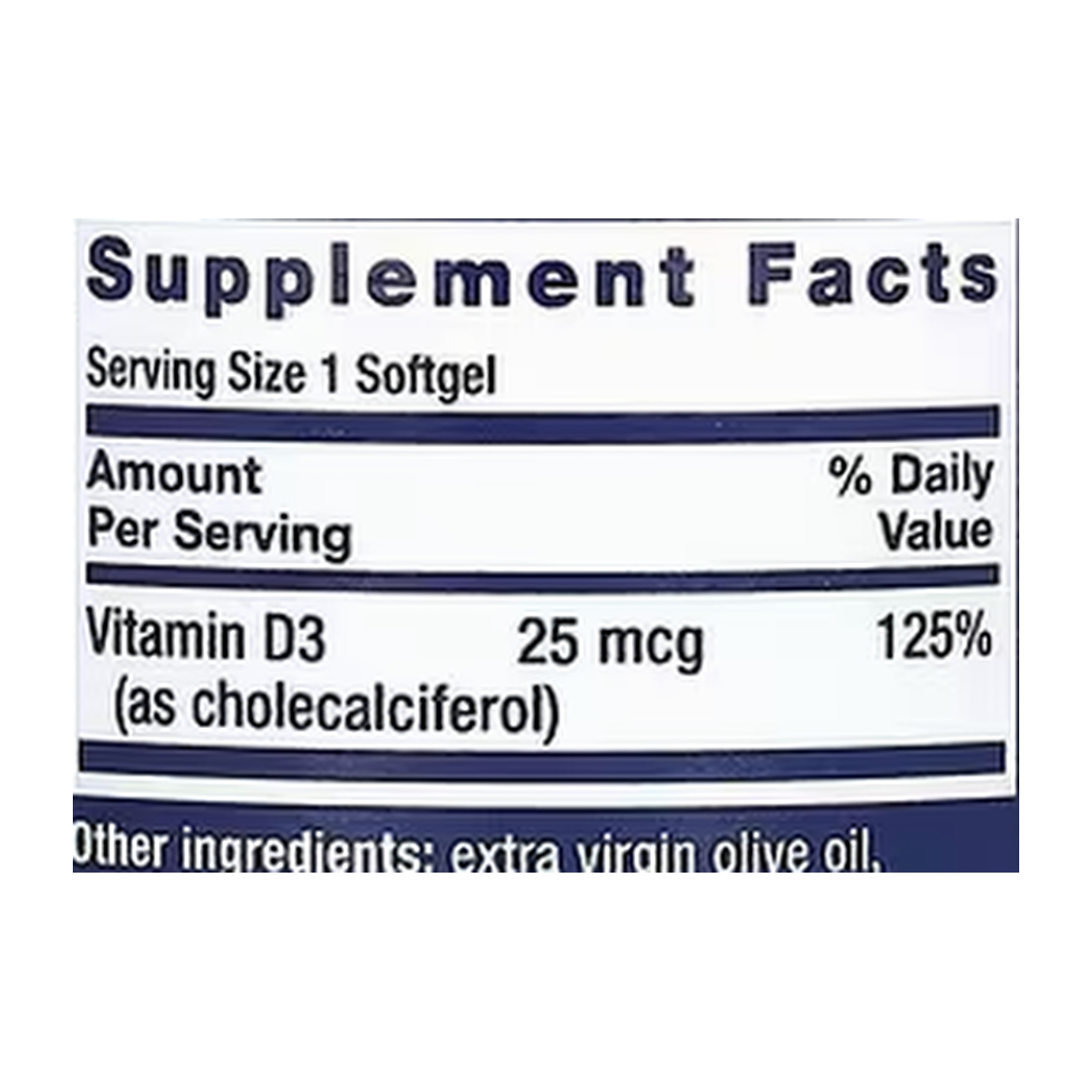 Life Extension, Vitamin D3, 25 mcg (1,000 IU), 90 Softgels supplement facts label showing ingredients, vitamins, minerals, and serving information