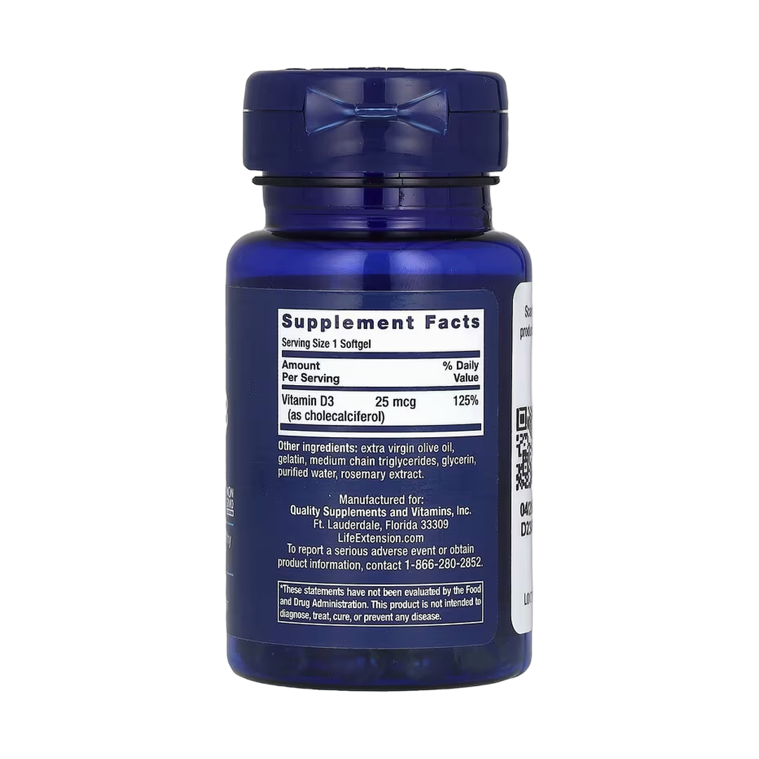 Life Extension, Vitamin D3, 25 mcg (1,000 IU), 90 Softgels back packaging view