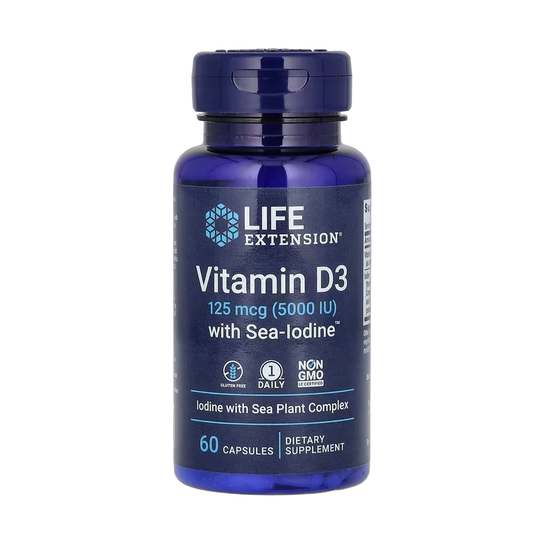 Life Extension, Vitamin D3 with Sea-Iodine, 125 mcg (5,000 IU), 60 Capsules front packaging view