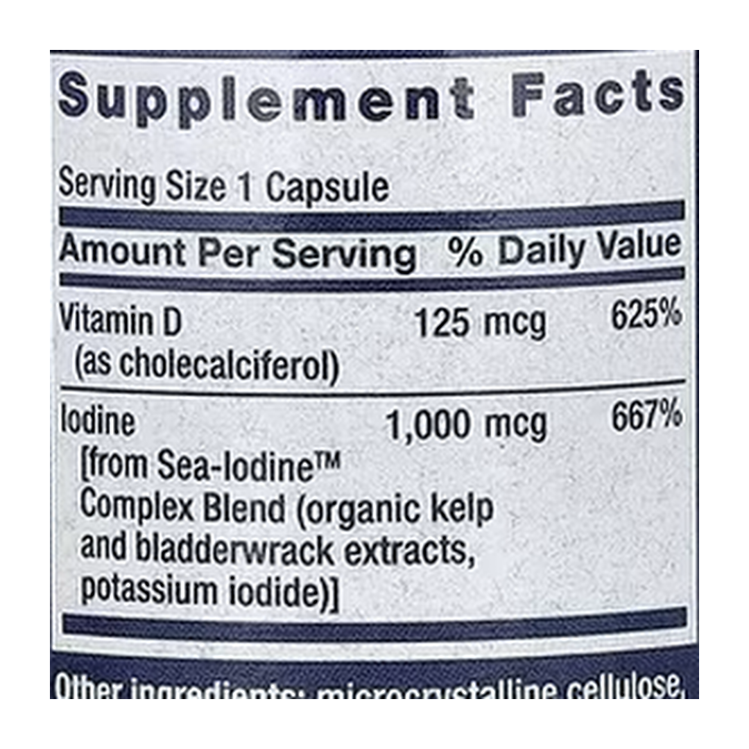Life Extension, Vitamin D3 with Sea-Iodine, 125 mcg (5,000 IU), 60 Capsules supplement facts label showing ingredients, vitamins, minerals, and serving information