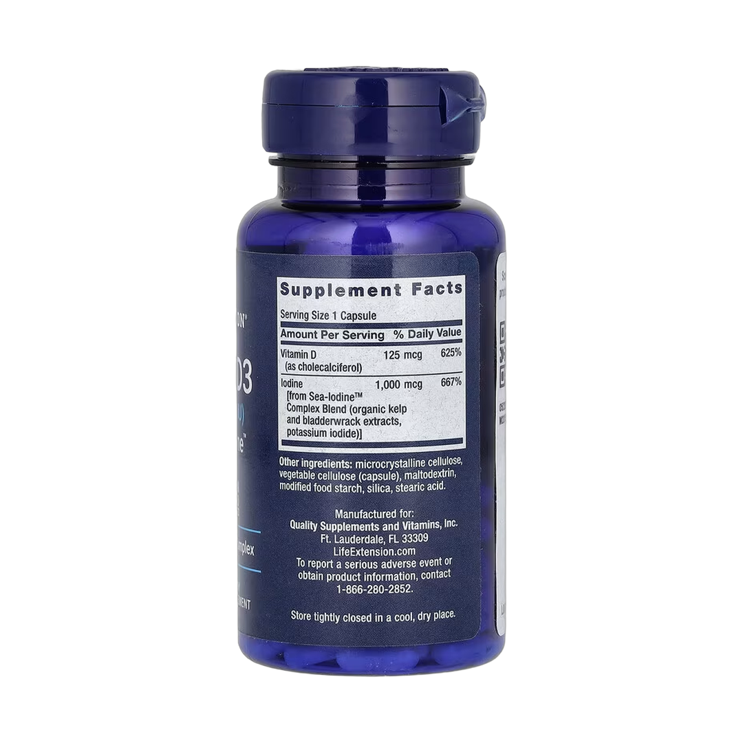 Life Extension, Vitamin D3 with Sea-Iodine, 125 mcg (5,000 IU), 60 Capsules back packaging view