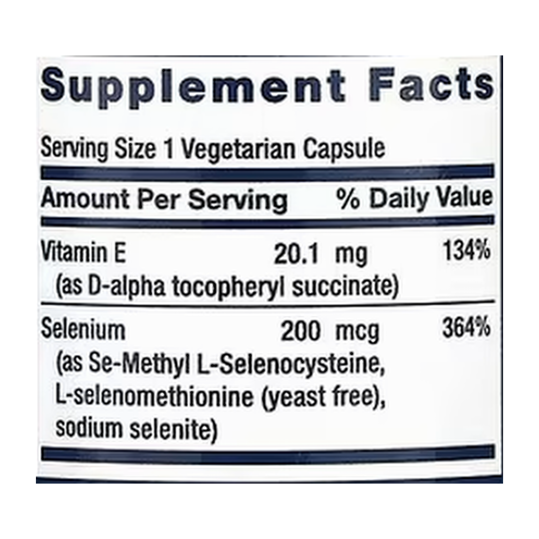 Life Extension, Super Selenium Complex & Vitamin E, 200 mcg, 100 Vegetarian Capsules supplement facts label showing ingredients, vitamins, minerals, and serving information