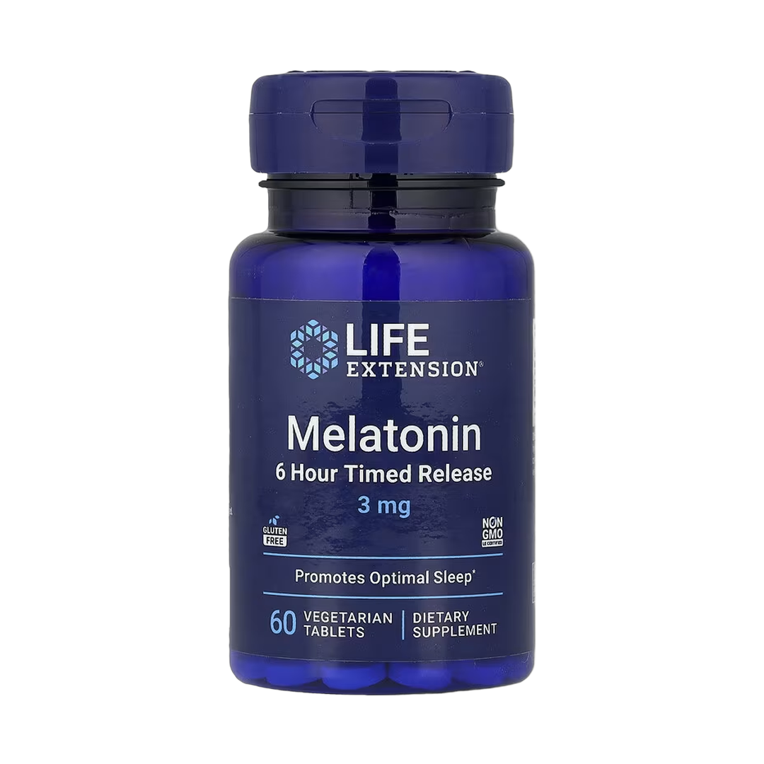 Life Extension, Melatonin, 6 Hour Timed Release, 3 mg, 60 Vegetarian Tablets front packaging view