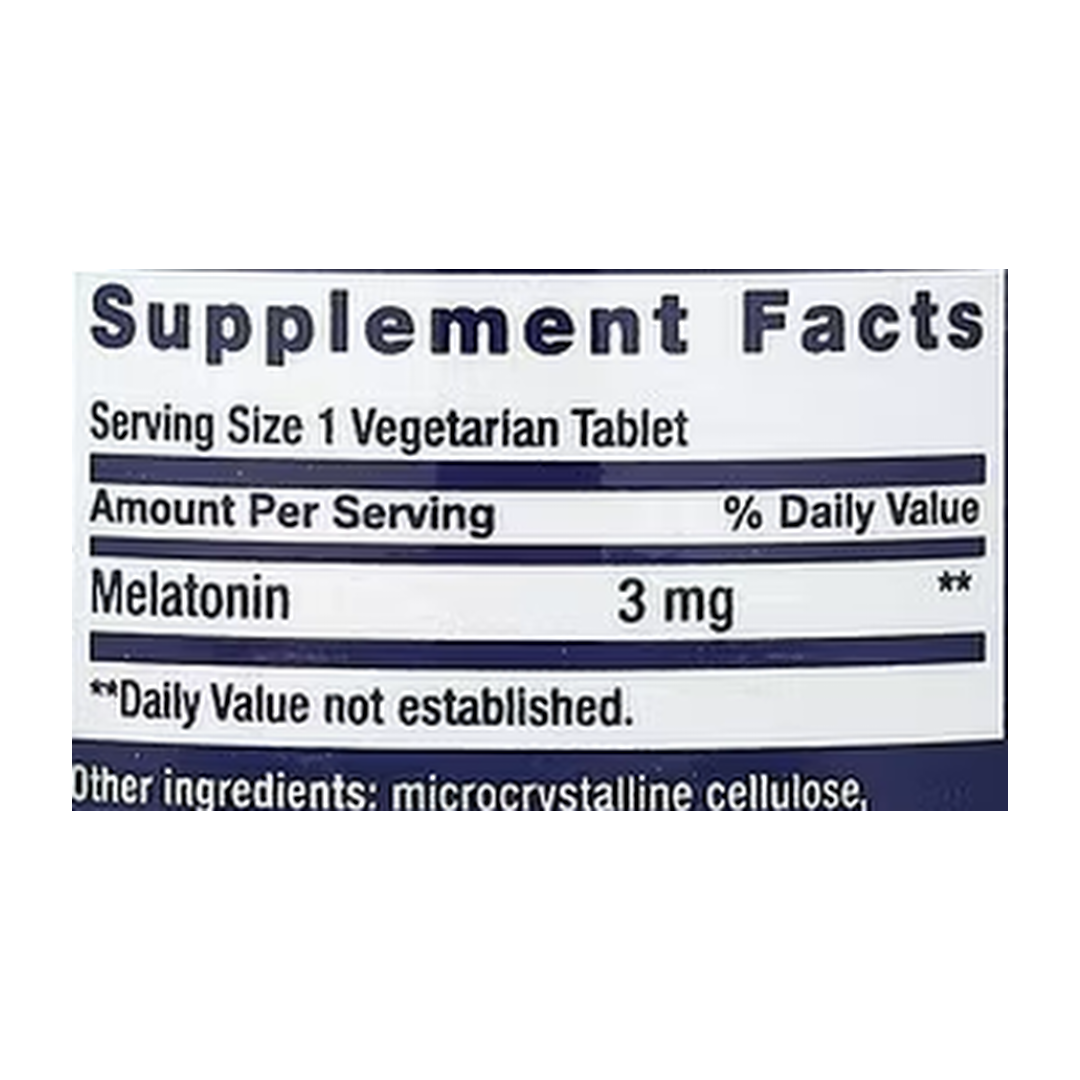 Life Extension, Melatonin, 6 Hour Timed Release, 3 mg, 60 Vegetarian Tablets supplement facts label showing ingredients, vitamins, minerals, and serving information