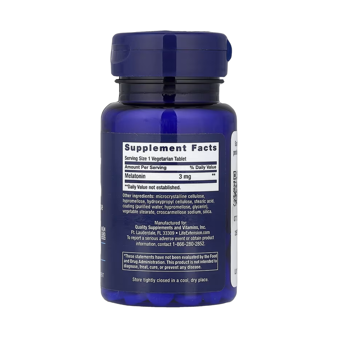 Life Extension, Melatonin, 6 Hour Timed Release, 3 mg, 60 Vegetarian Tablets back packaging view