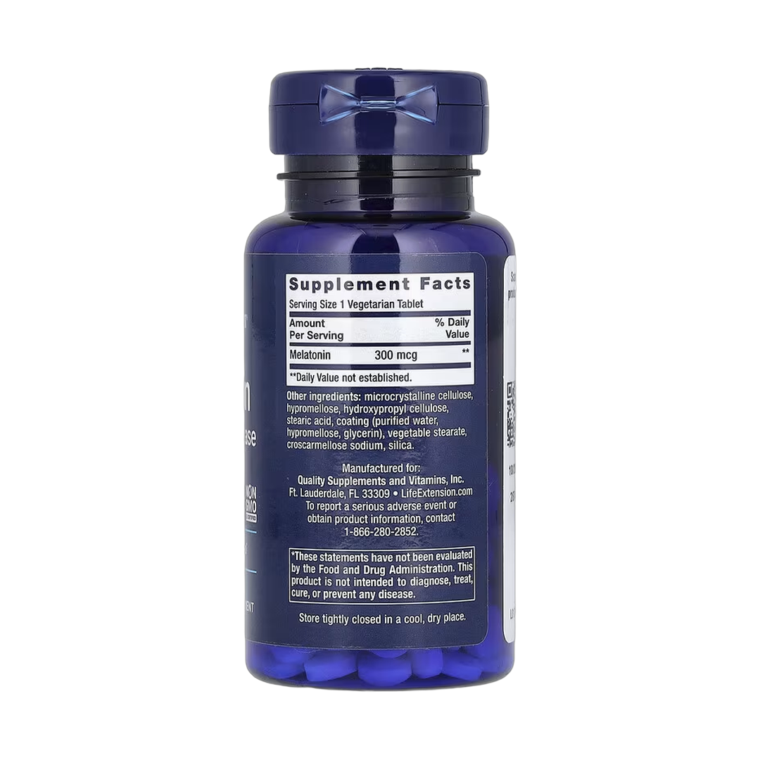Life Extension, Melatonin, 6 Hour Timed Release, 300 mcg, 100 Vegetarian Tablets back packaging view