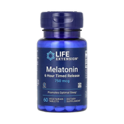 Life Extension, Melatonin, 6 Hour Timed Release, 750 mcg, 60 Vegetarian Tablets front packaging view