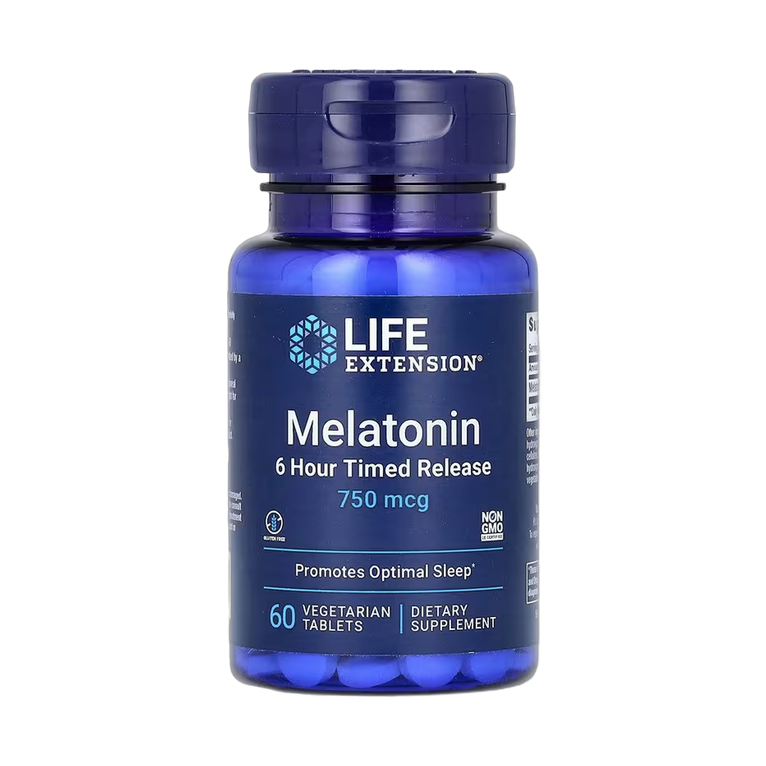 Life Extension, Melatonin, 6 Hour Timed Release, 750 mcg, 60 Vegetarian Tablets front packaging view
