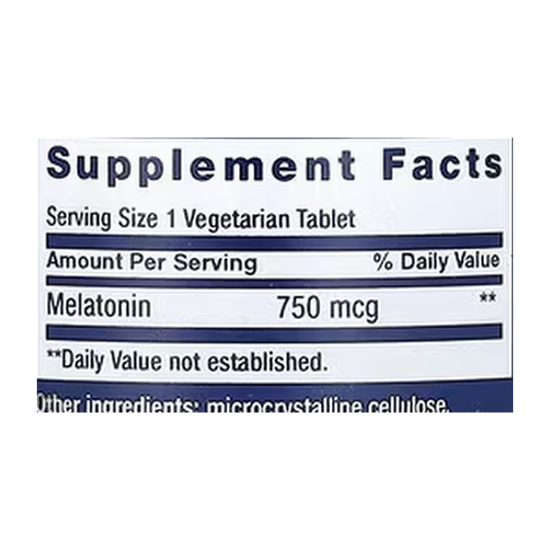 Life Extension, Melatonin, 6 Hour Timed Release, 750 mcg, 60 Vegetarian Tablets supplement facts label showing ingredients, vitamins, minerals, and serving information