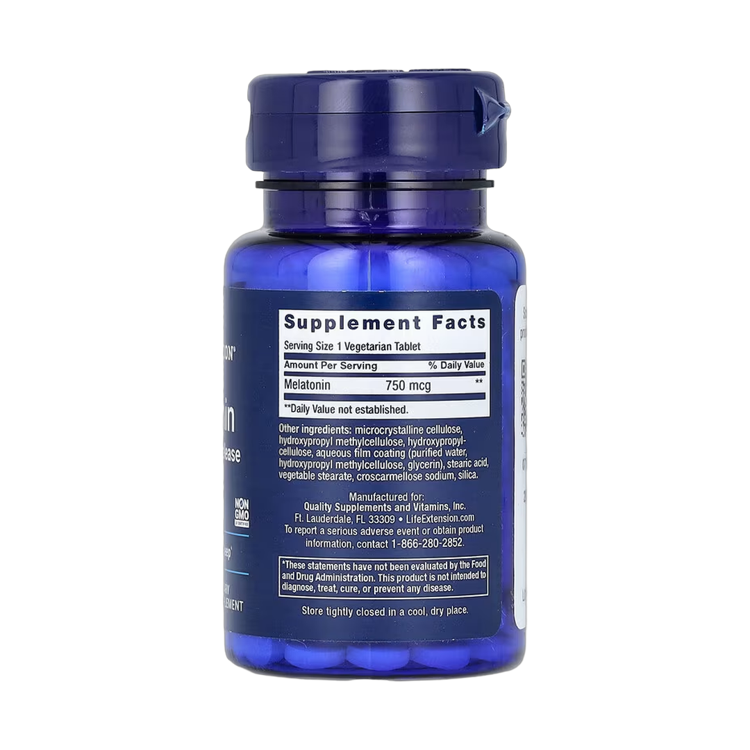 Life Extension, Melatonin, 6 Hour Timed Release, 750 mcg, 60 Vegetarian Tablets back packaging view