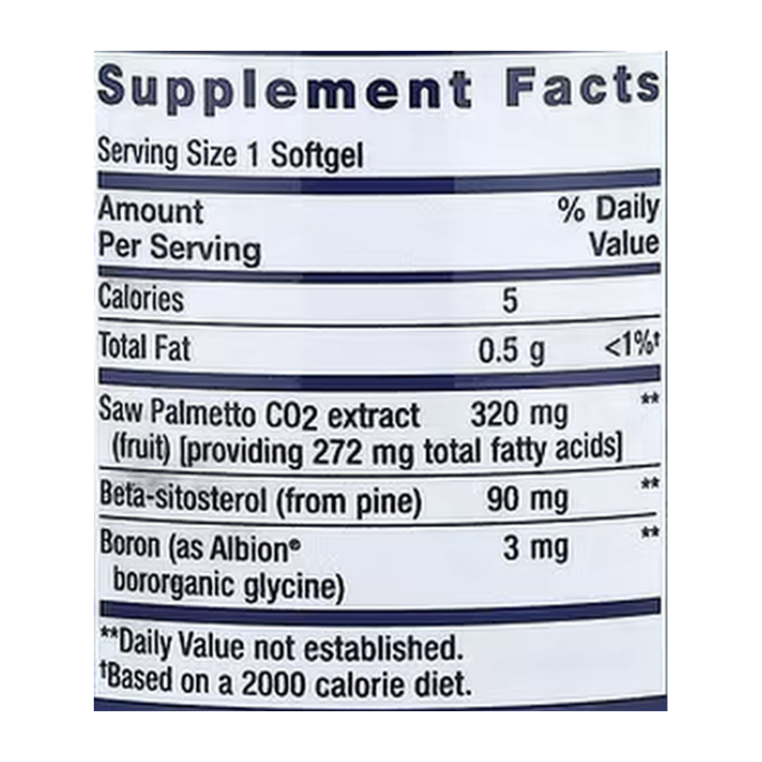 Life Extension, PalmettoGuard®, Saw Palmetto and Beta-Sitosterol, 30 Softgels supplement facts label showing ingredients, vitamins, minerals, and serving information