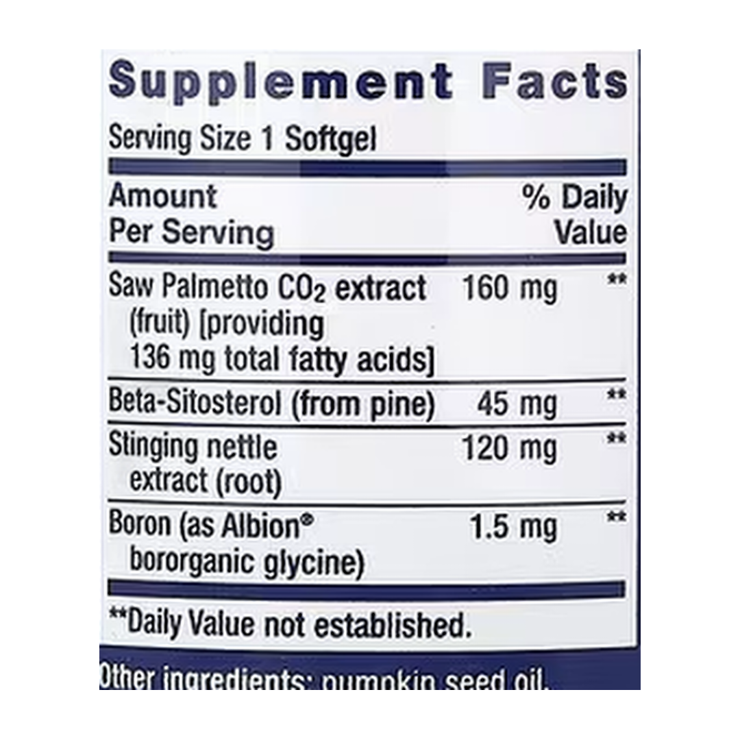 Life Extension, PalmettoGuard®, Saw Palmetto, Nettle Root and Beta-Sitosterol, 60 Softgels supplement facts label showing ingredients, vitamins, minerals, and serving information