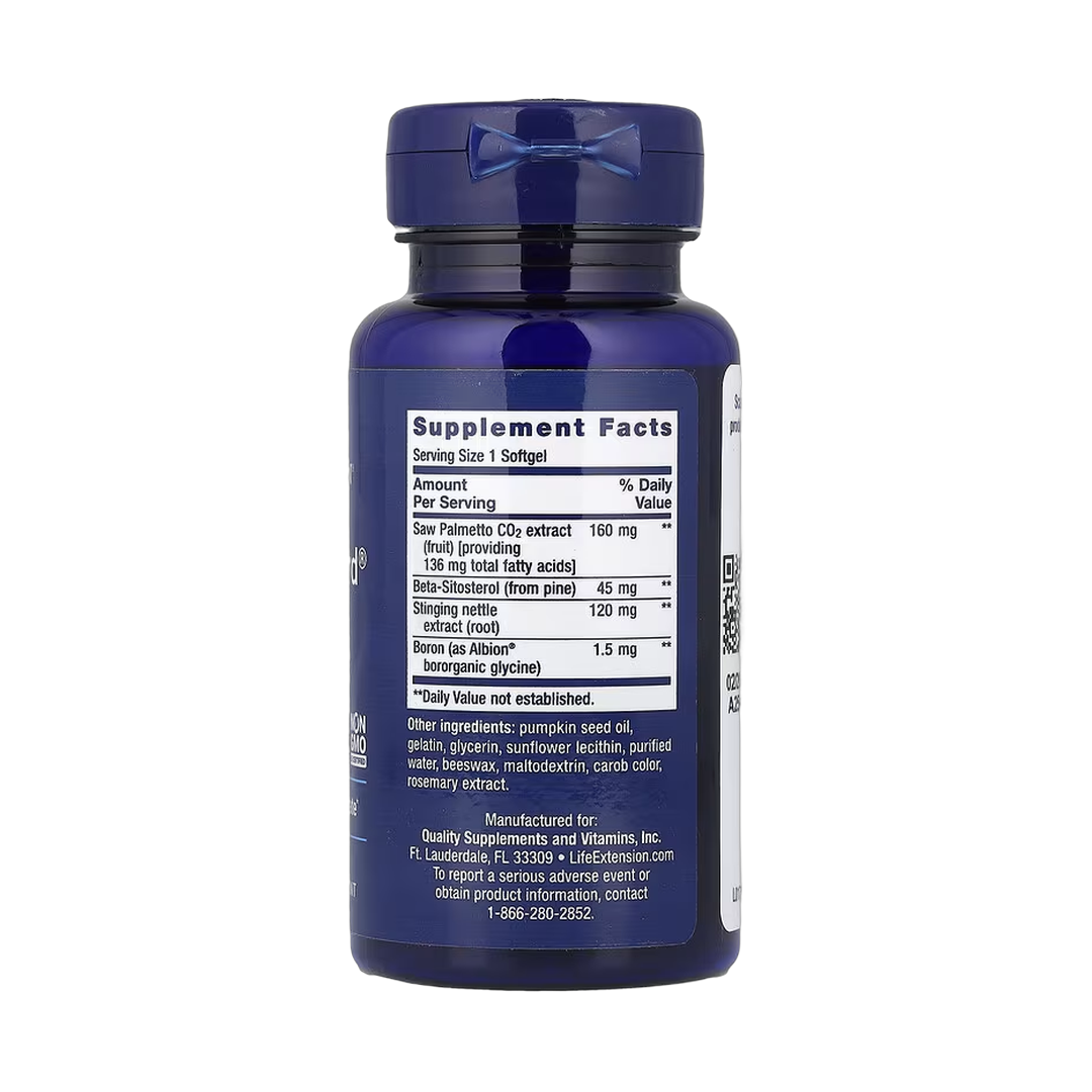 Life Extension, PalmettoGuard, Saw Palmetto, Nettle Root and Beta-Sitosterol, 60 Softgels back packaging view