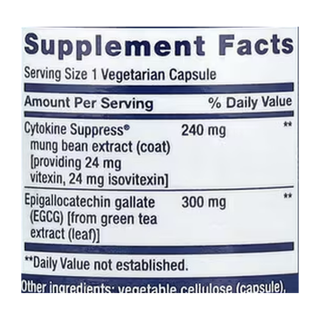 Life Extension, Cytokine Suppress® with EGCG, 30 Vegetarian Capsules supplement facts label showing ingredients, vitamins, minerals, and serving information
