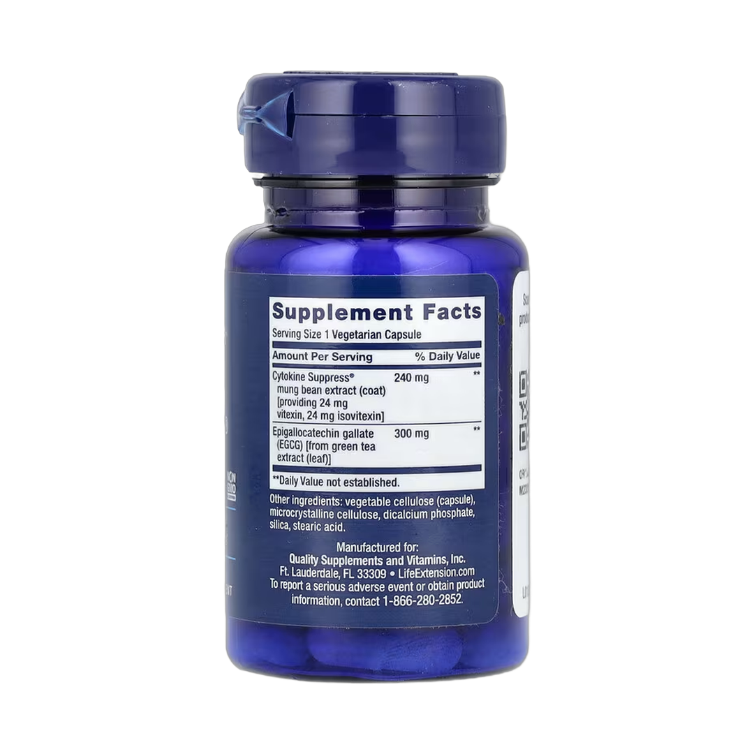 Life Extension, Cytokine Suppress with EGCG, 30 Vegetarian Capsules back packaging view