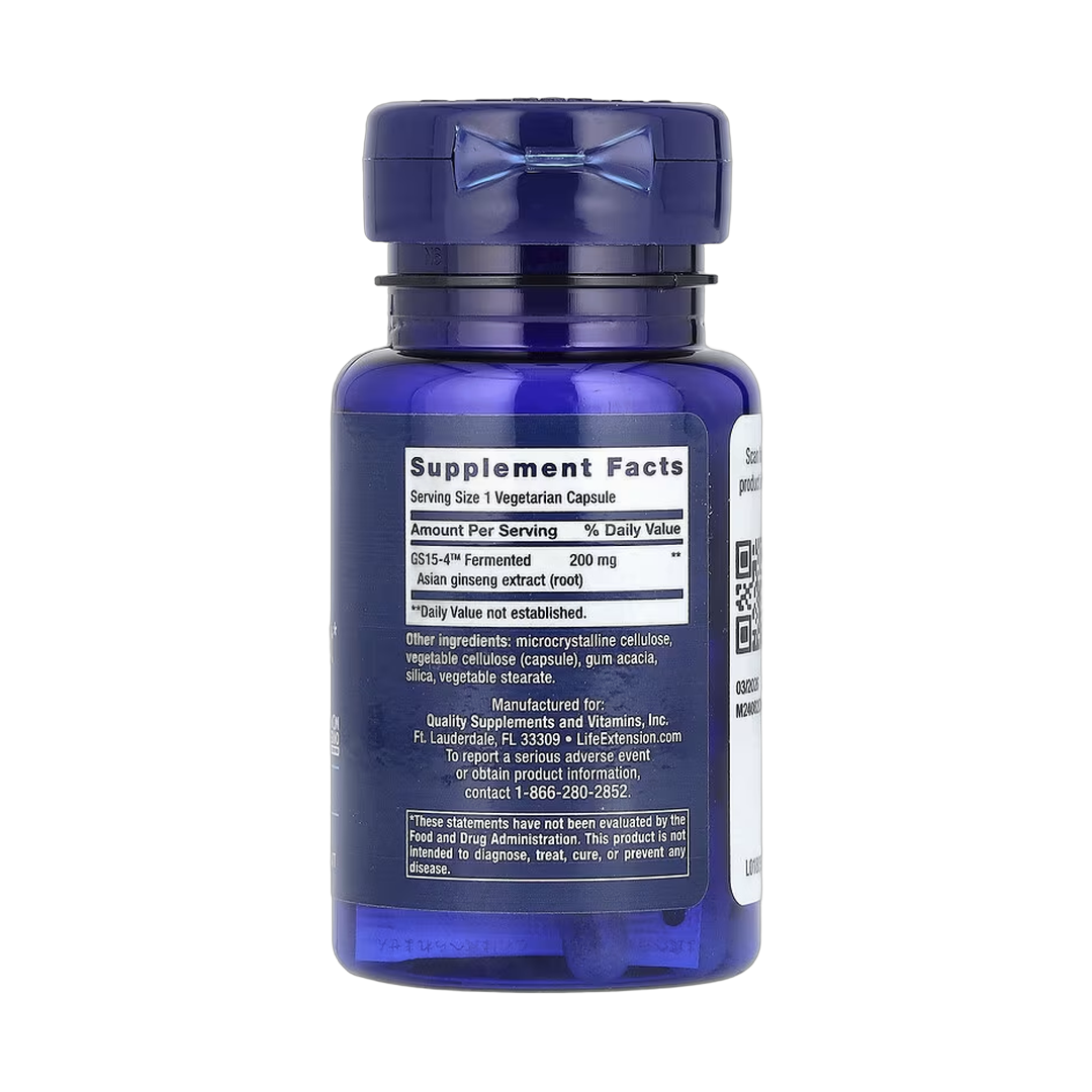 Life Extension, Ginseng Energy Boost, 30 Vegetarian Capsules back packaging view
