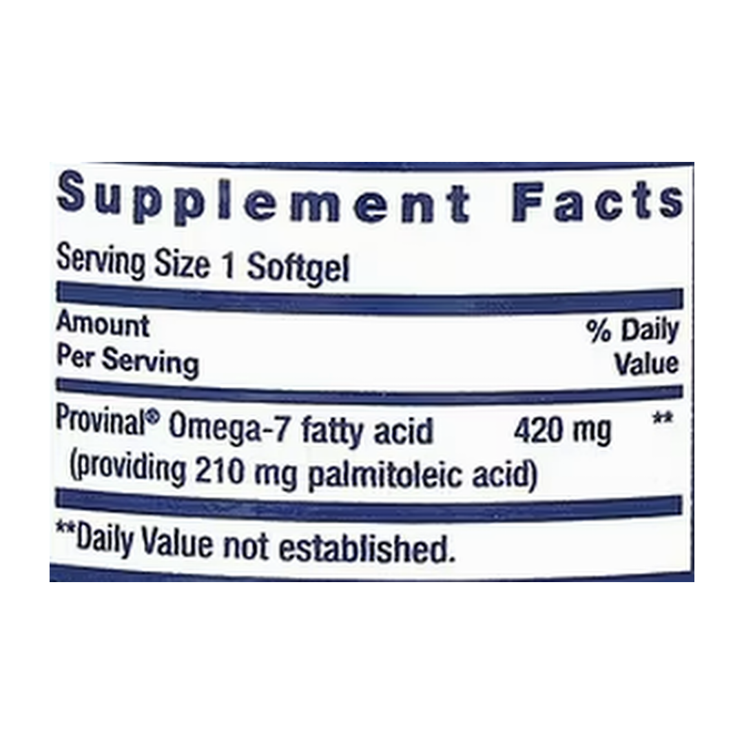 Life Extension, Provinal® Purified Omega-7, 30 Softgels supplement facts label showing ingredients, vitamins, minerals, and serving information
