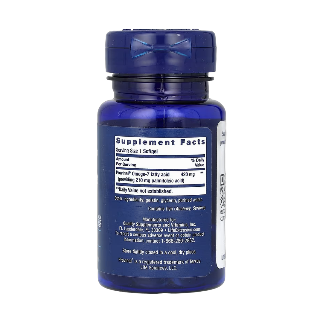 Life Extension, Provinal Purified Omega-7, 30 Softgels back packaging view