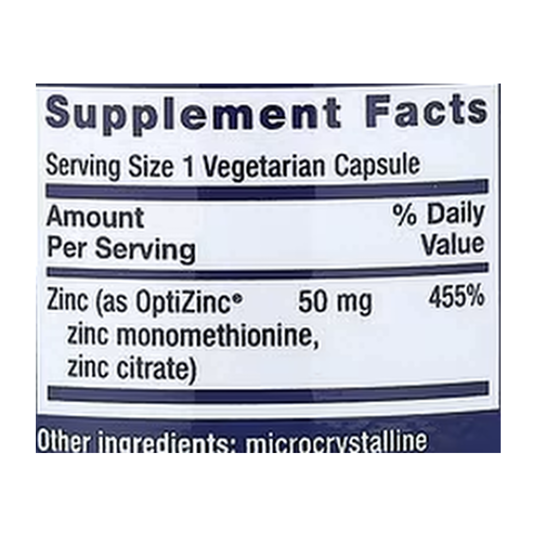 Life Extension, Zinc Caps, High Potency, 50 mg, 90 Vegetarian Capsules supplement facts label showing ingredients, vitamins, minerals, and serving information