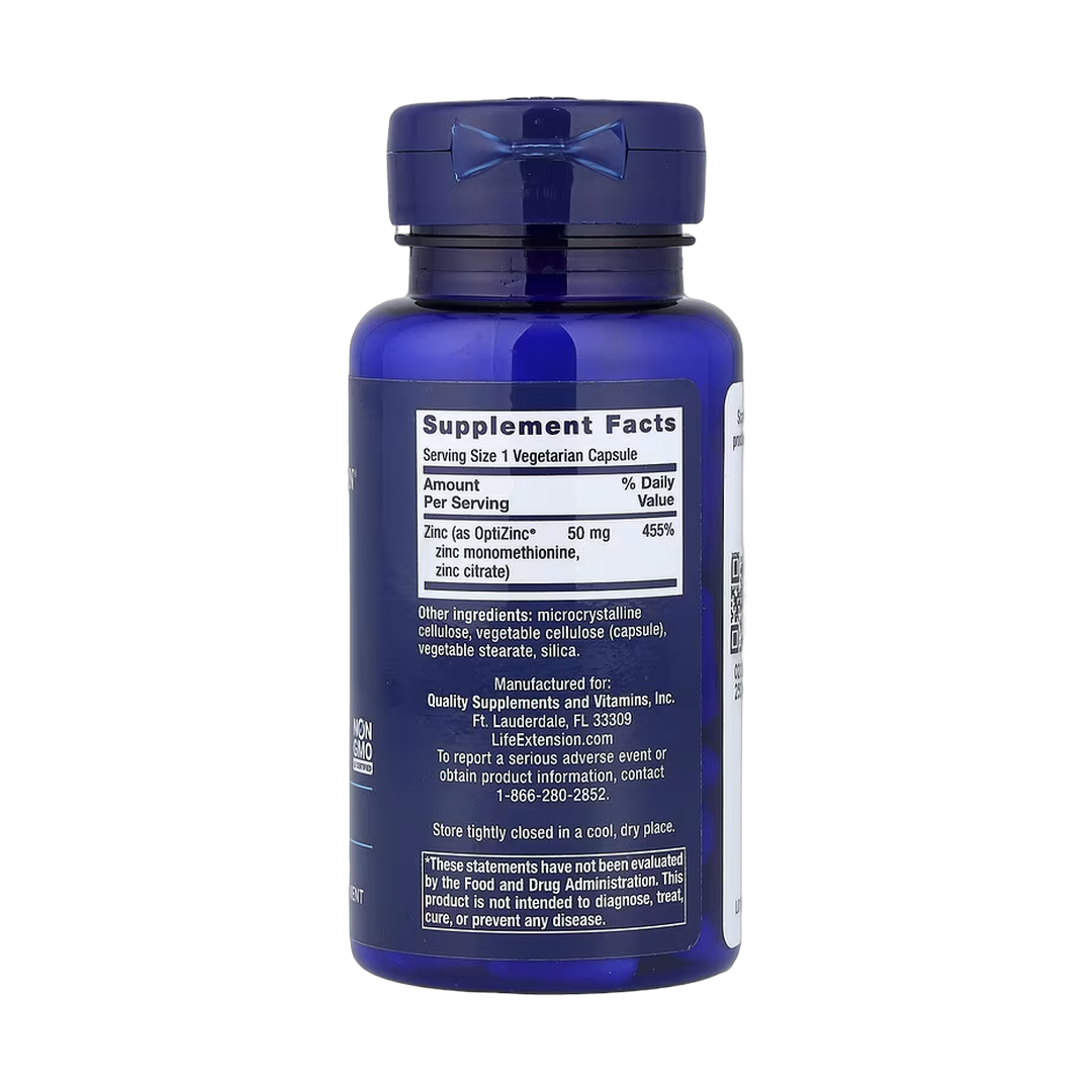 Life Extension, Zinc Caps, High Potency, 50 mg, 90 Vegetarian Capsules back packaging view