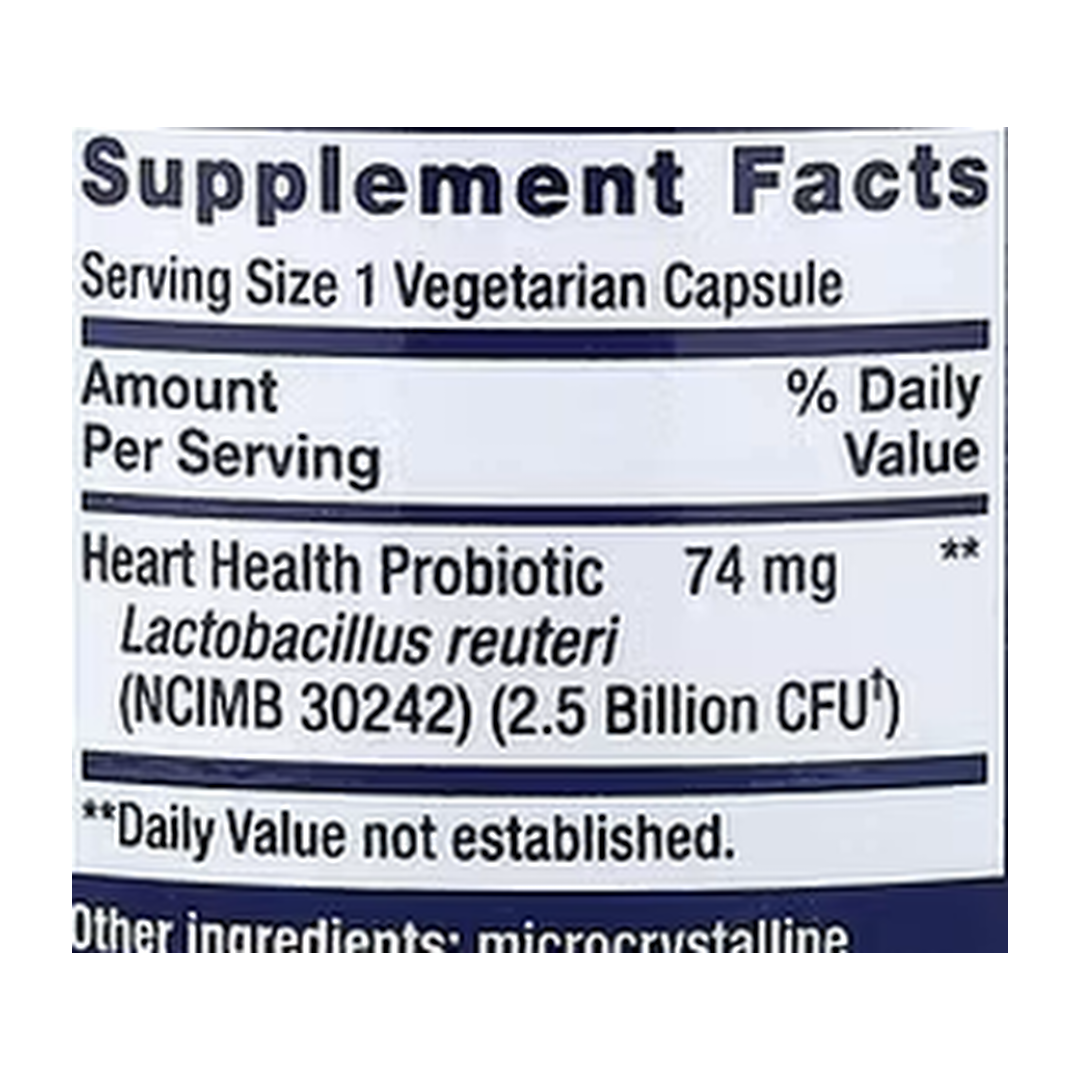 Life Extension, FLORASSIST® Probiotic Heart Health, 60 Vegetarian Capsules supplement facts label showing ingredients, vitamins, minerals, and serving information