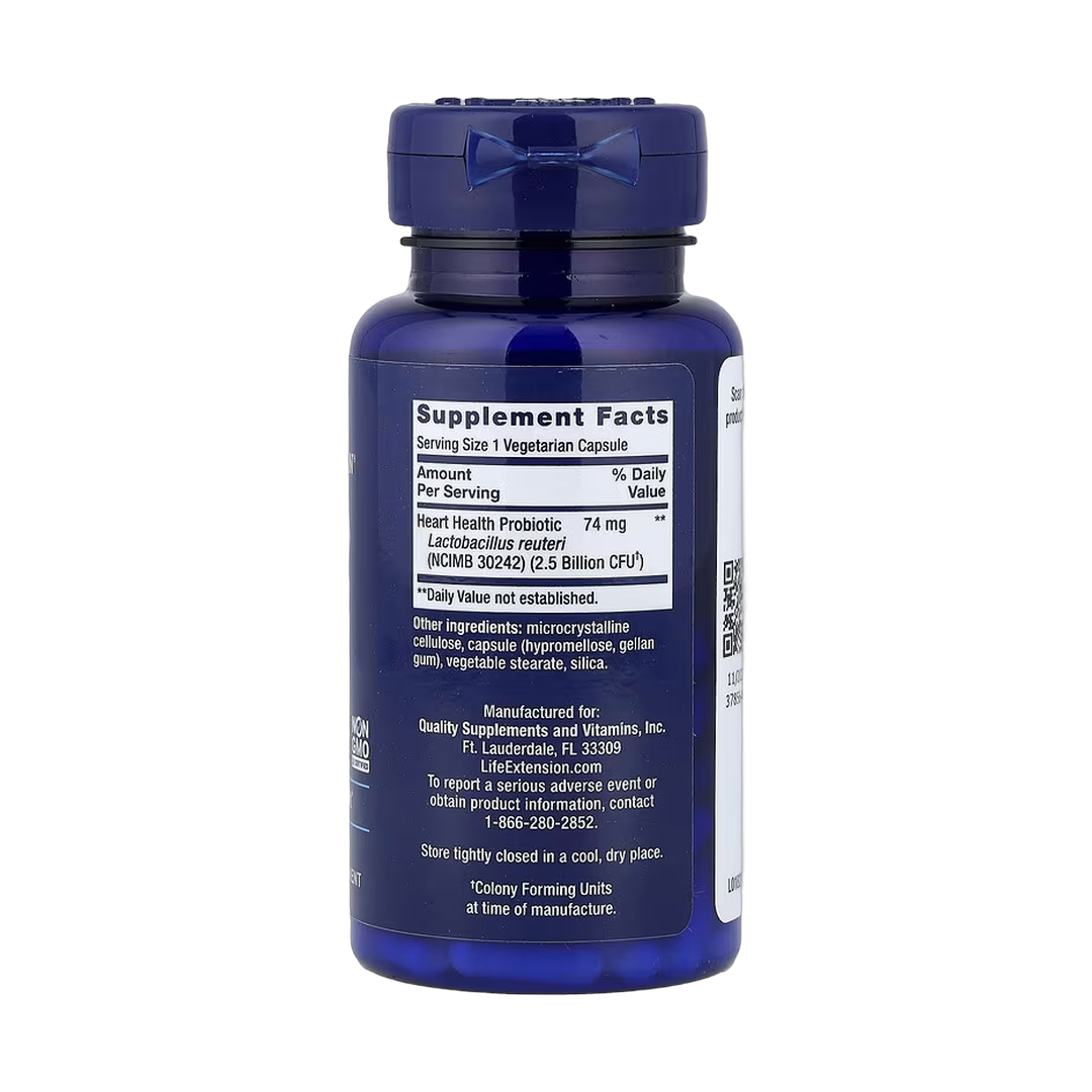 Life Extension, FLORASSIST Probiotic Heart Health, 60 Vegetarian Capsules back packaging view