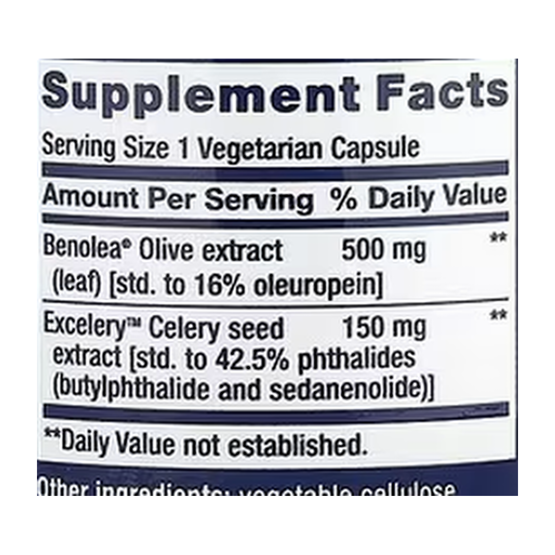 Life Extension, Advanced Olive Leaf Vascular Support , 60 Vegetarian Capsules supplement facts label showing ingredients, vitamins, minerals, and serving information