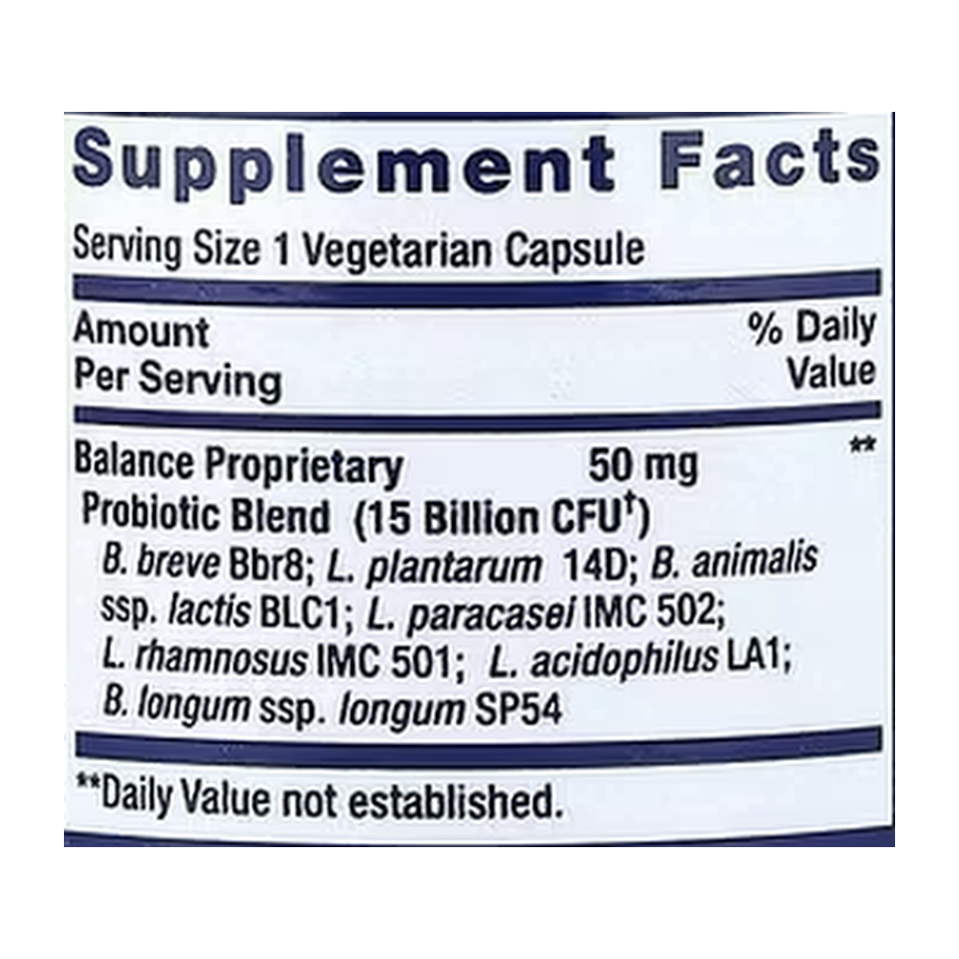 Life Extension, FLORASSIST® PROBIOTIC, Balance, 30 Vegetarian Capsules supplement facts label showing ingredients, vitamins, minerals, and serving information