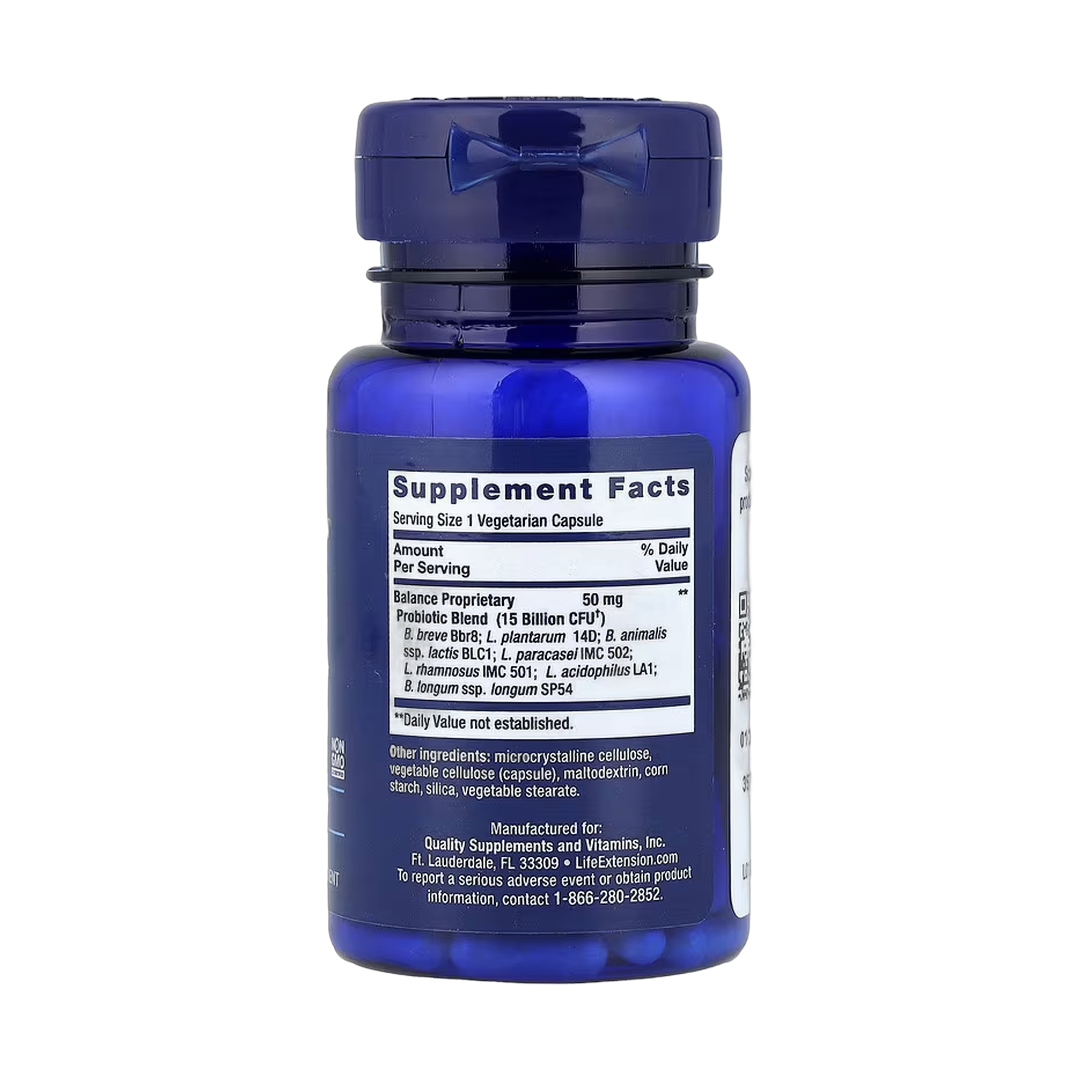 Life Extension, FLORASSIST PROBIOTIC, Balance, 30 Vegetarian Capsules back packaging view