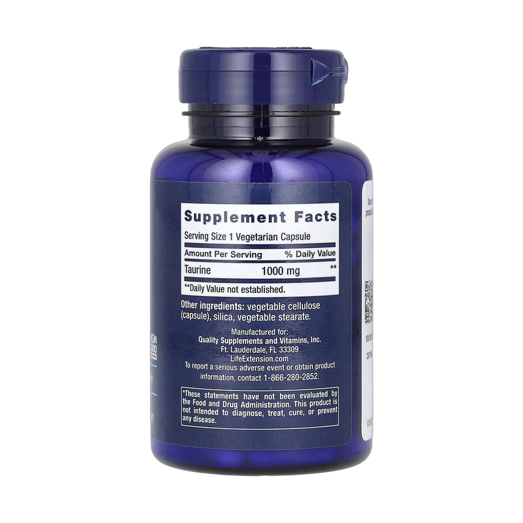 Life Extension, Taurine, 1,000 mg, 90 Vegetarian Capsules back packaging view