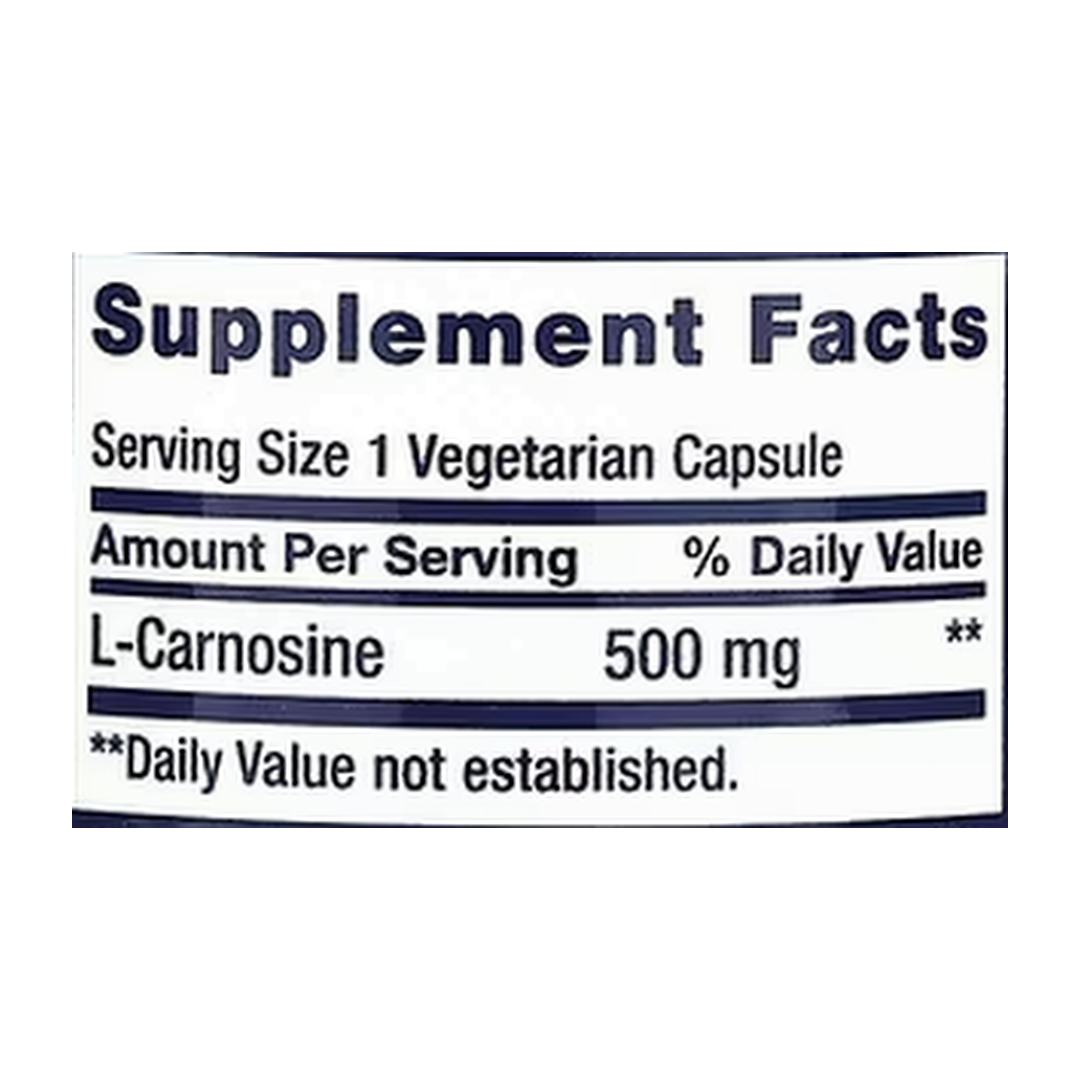 Life Extension, Carnosine, 500 mg, 60 Vegetarian Capsules supplement facts label showing ingredients, vitamins, minerals, and serving information