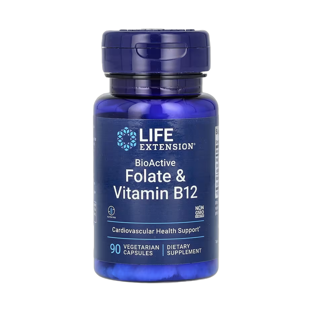 Life Extension, BioActive, Folate & Vitamin B12, 90 Vegetarian Capsules front packaging view