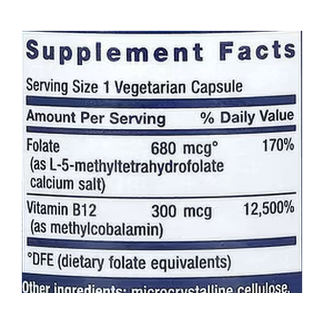 Life Extension, BioActive, Folate & Vitamin B12, 90 Vegetarian Capsules supplement facts label showing ingredients, vitamins, minerals, and serving information