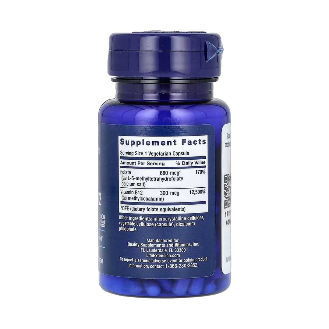 Life Extension, BioActive, Folate & Vitamin B12, 90 Vegetarian Capsules back packaging view