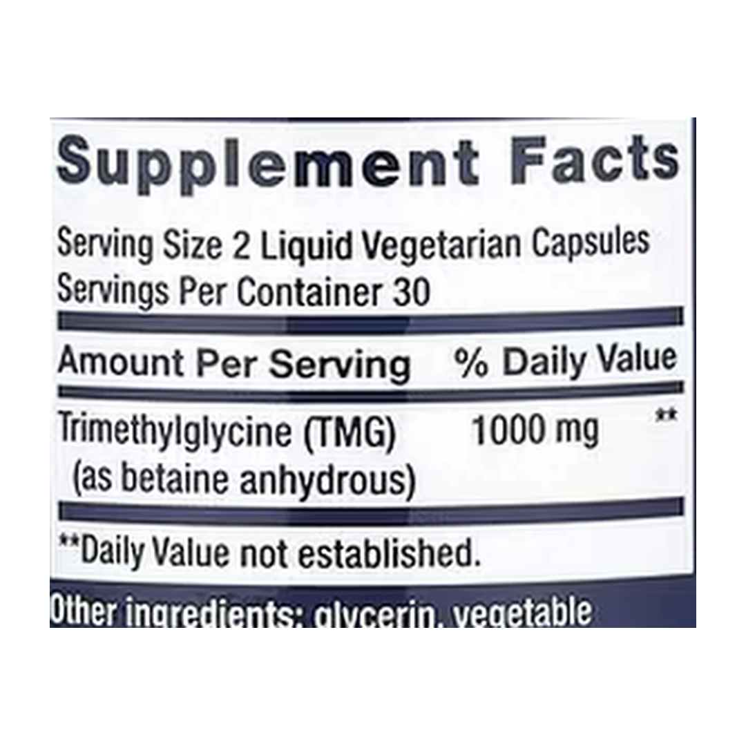 Life Extension, TMG, 500 mg, 60 Liquid Vegetarian Capsules supplement facts label showing ingredients, vitamins, minerals, and serving information