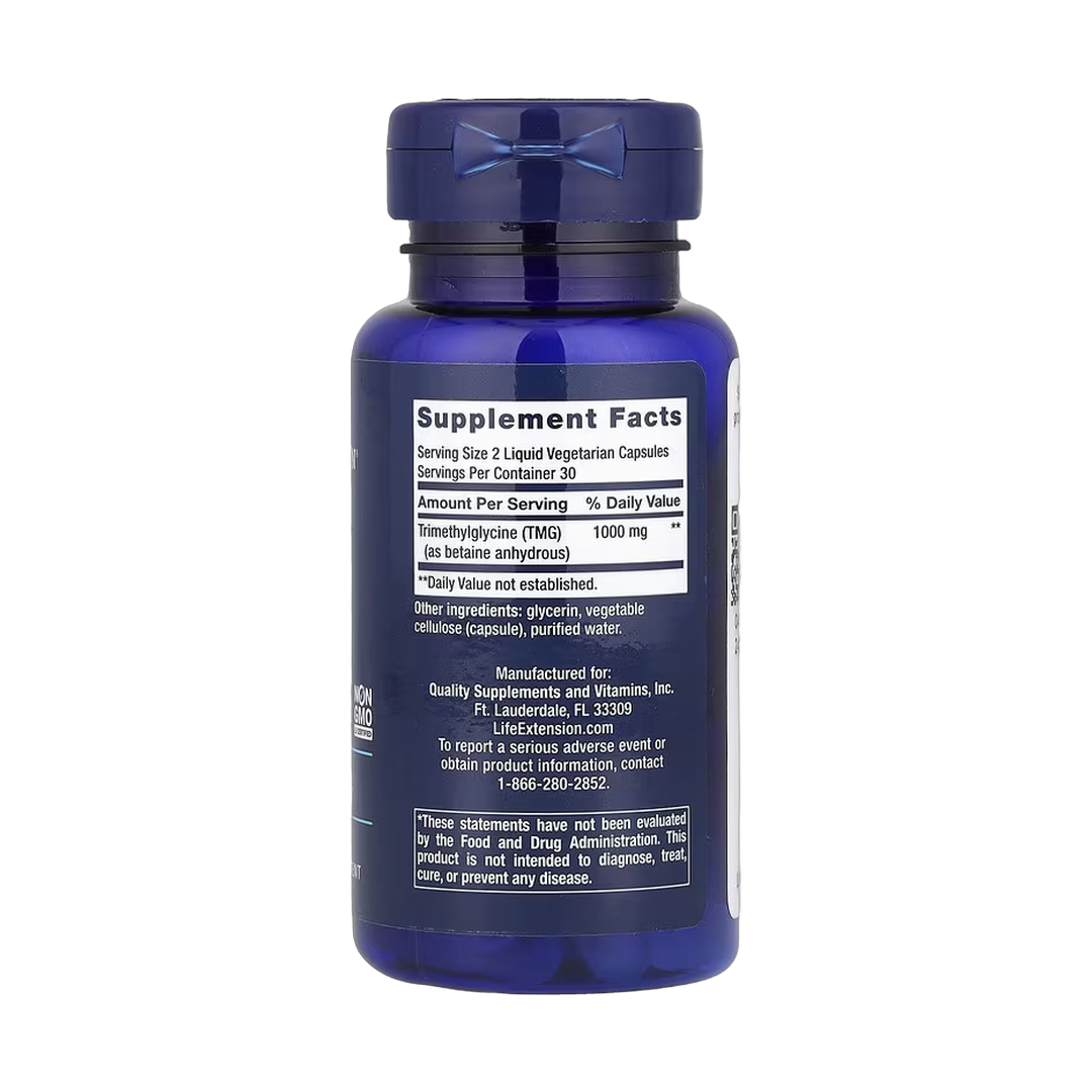 Life Extension, TMG, 500 mg, 60 Liquid Vegetarian Capsules back packaging view