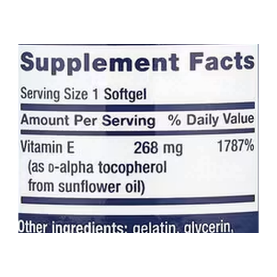 Life Extension, Super Vitamin E, 268 mg (400 IU), 90 Softgels supplement facts label showing ingredients, vitamins, minerals, and serving information