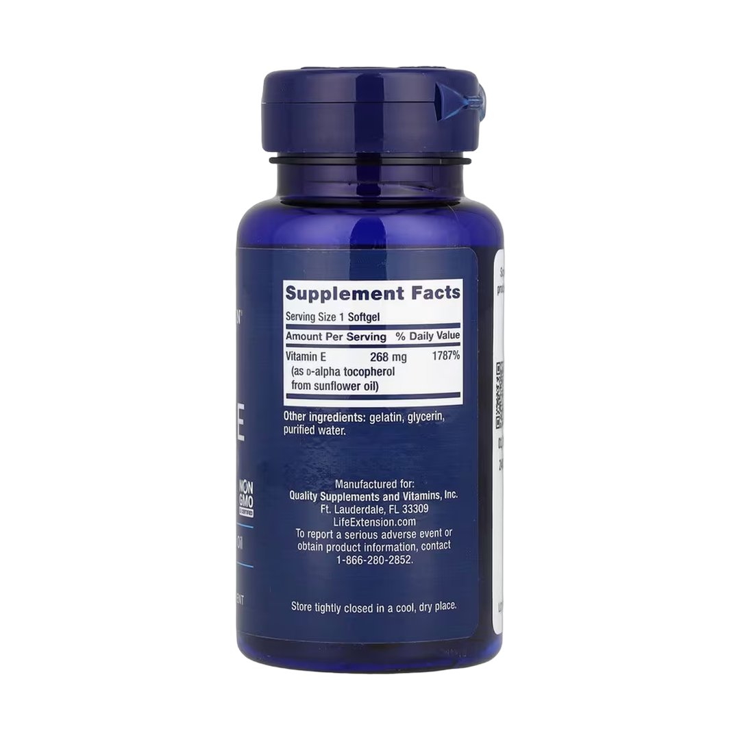Life Extension, Super Vitamin E, 268 mg (400 IU), 90 Softgels back packaging view