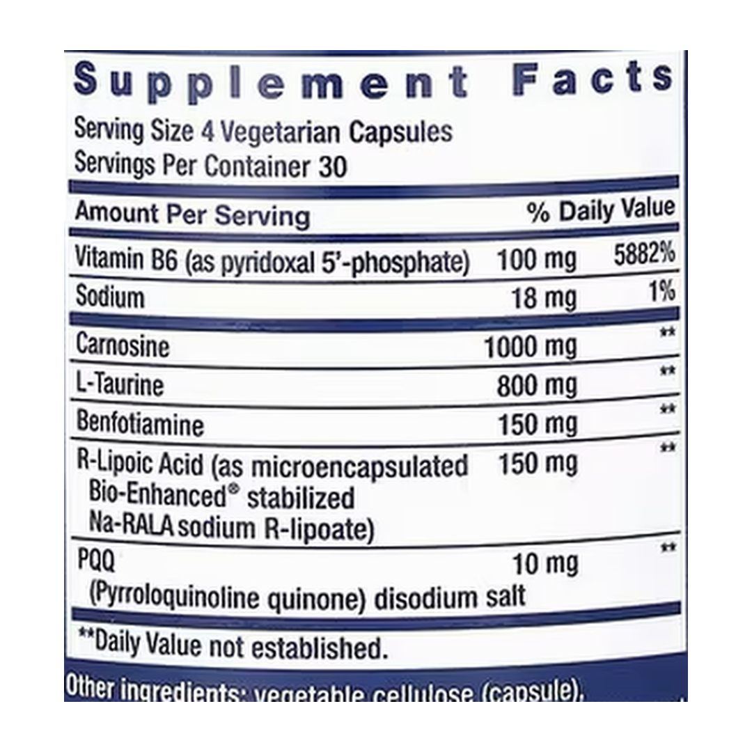 Life Extension, Mitochondrial Energy Optimizer with PQQ, 120 Vegetarian Capsules supplement facts label showing ingredients, vitamins, minerals, and serving information