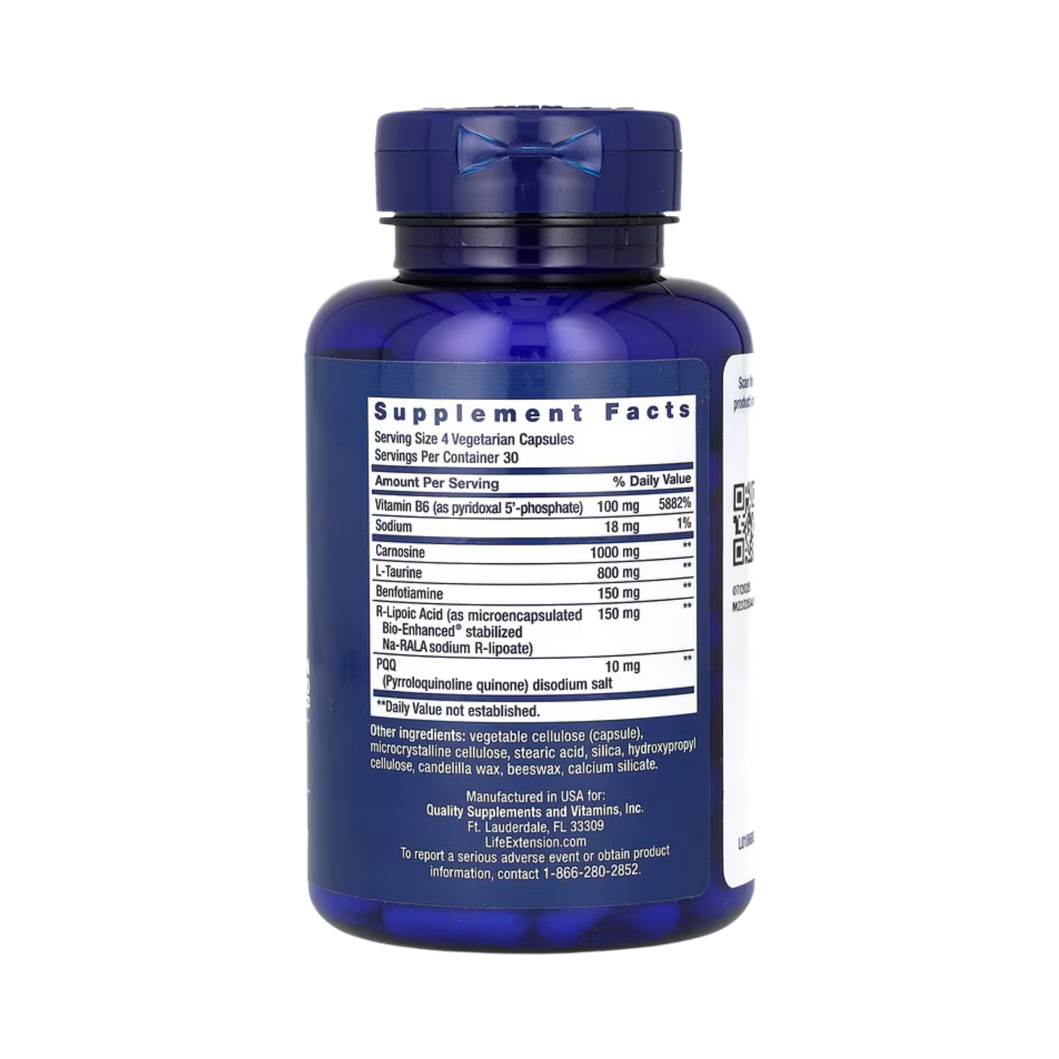 Life Extension, Mitochondrial Energy Optimizer with PQQ, 120 Vegetarian Capsules back packaging view