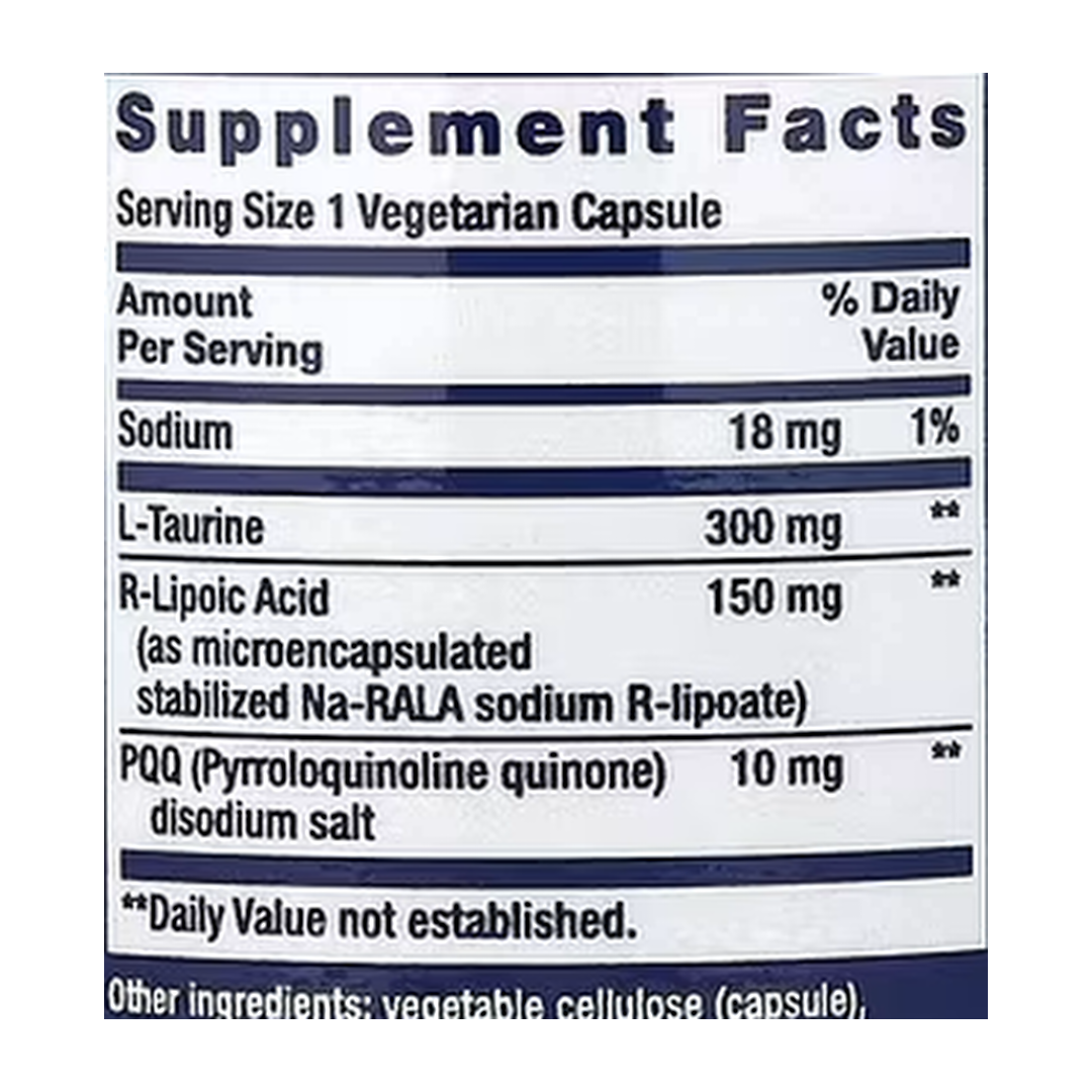 Life Extension, Mitochondrial Basics with PQQ, 30 Vegetarian Capsules supplement facts label showing ingredients, vitamins, minerals, and serving information