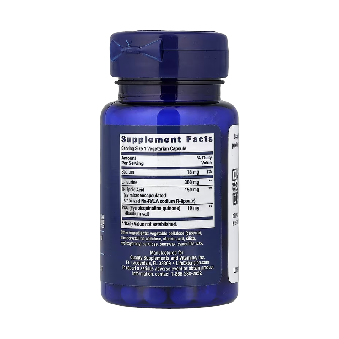 Life Extension, Mitochondrial Basics with PQQ, 30 Vegetarian Capsules back packaging view