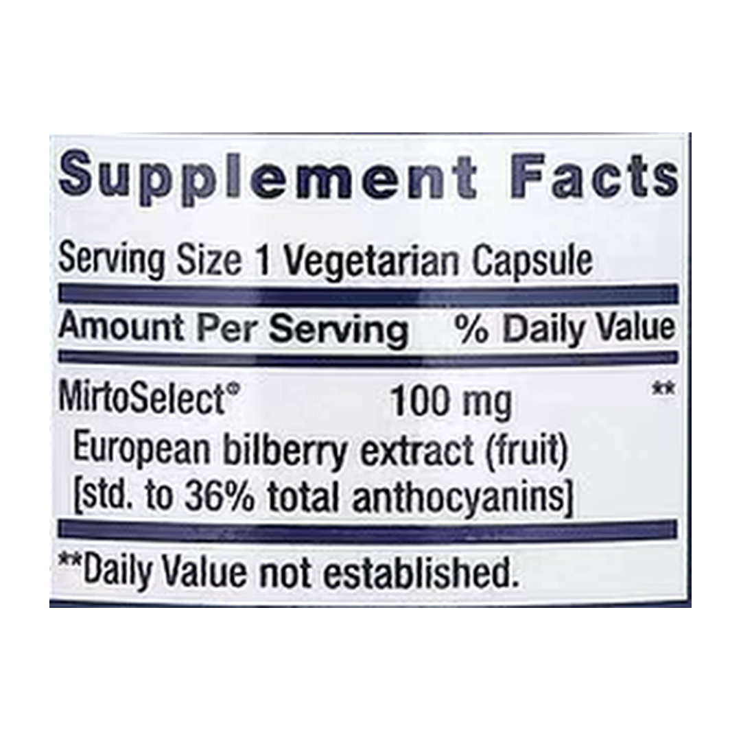 Life Extension, Standardized European Bilberry Extract, 100 mg, 90 Vegetarian Capsules supplement facts label showing ingredients, vitamins, minerals, and serving information
