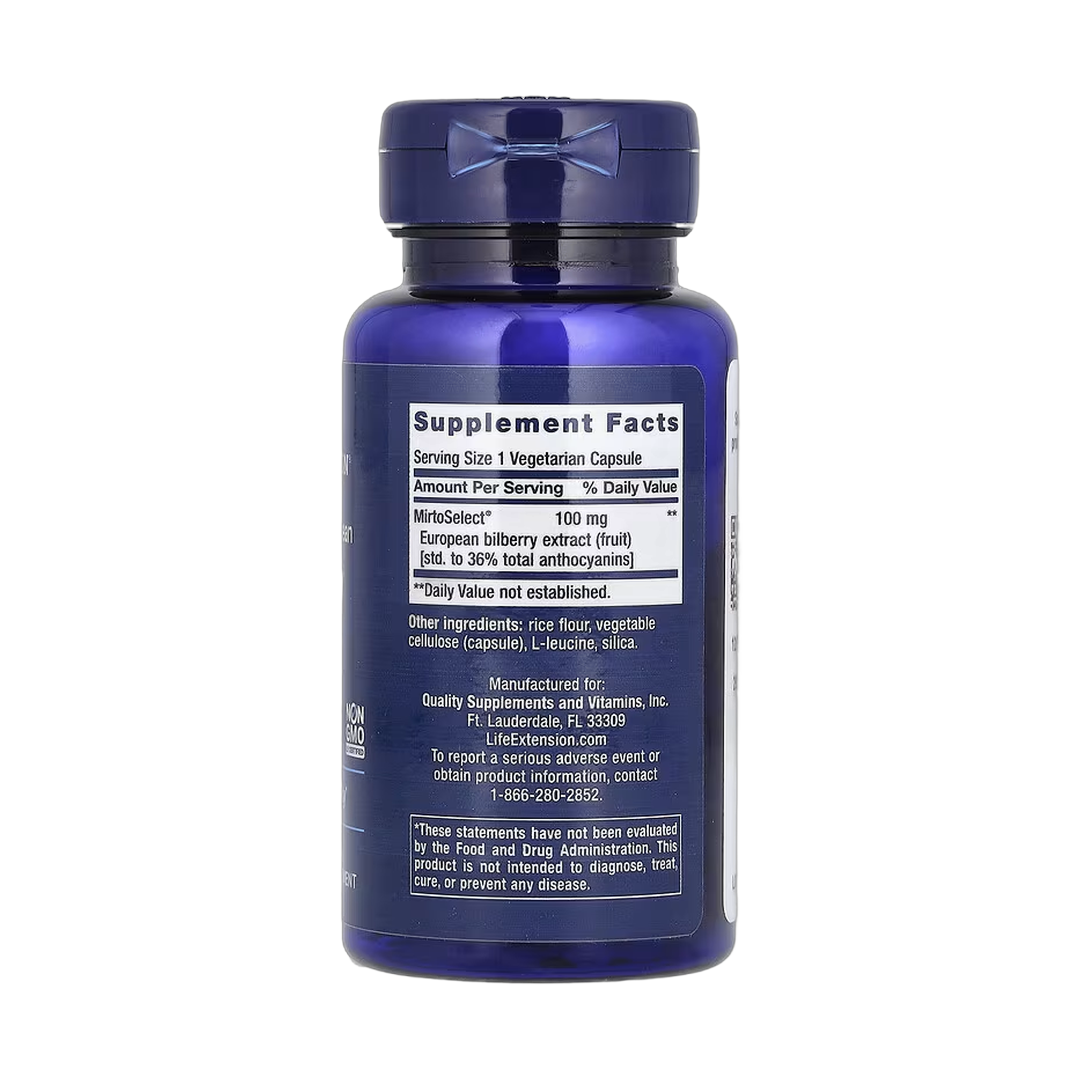Life Extension, Standardized European Bilberry Extract, 100 mg, 90 Vegetarian Capsules back packaging view