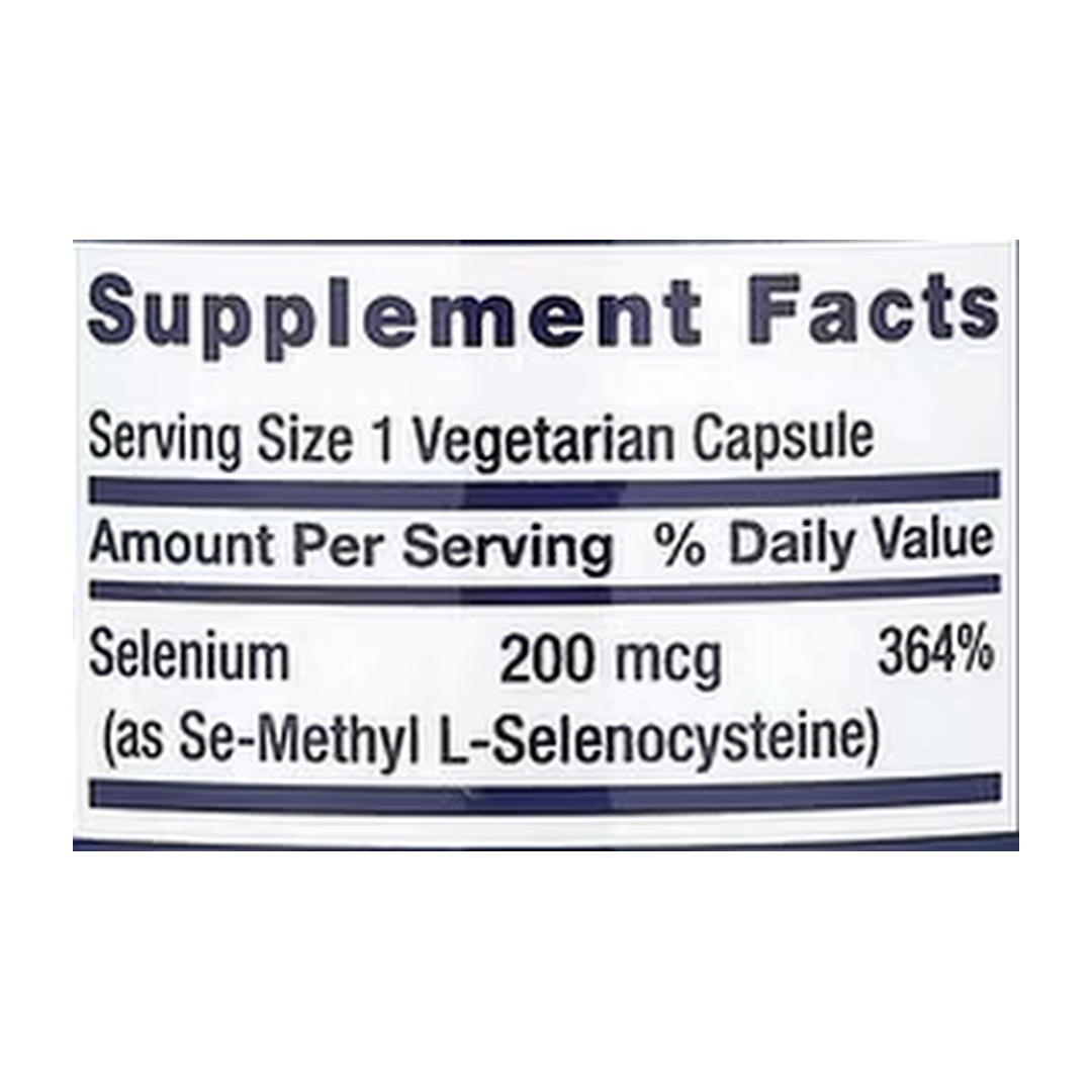 Life Extension, Se-Methyl L- Selenocysteine, 200 mcg, 90 Vegetarian Capsules supplement facts label showing ingredients, vitamins, minerals, and serving information
